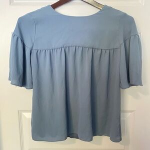 Loft V-Back Bow Mixed Media Top Blouse Size XS Drape Sleeve Blue Grey